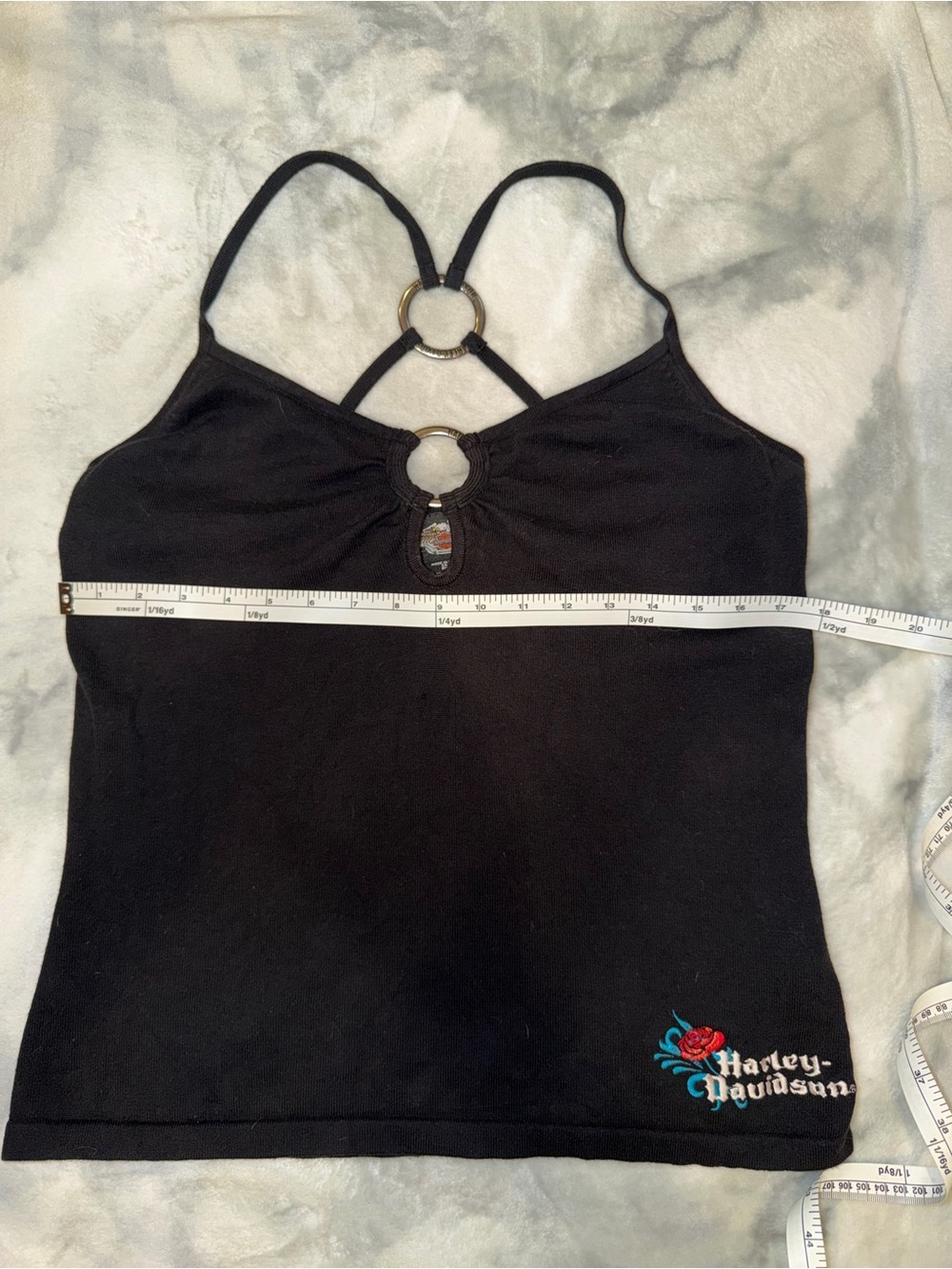 Vintage Harley-Davidson Black halter w/Ring Accents, Logo, & built-in bra. - Picture 3 of 12